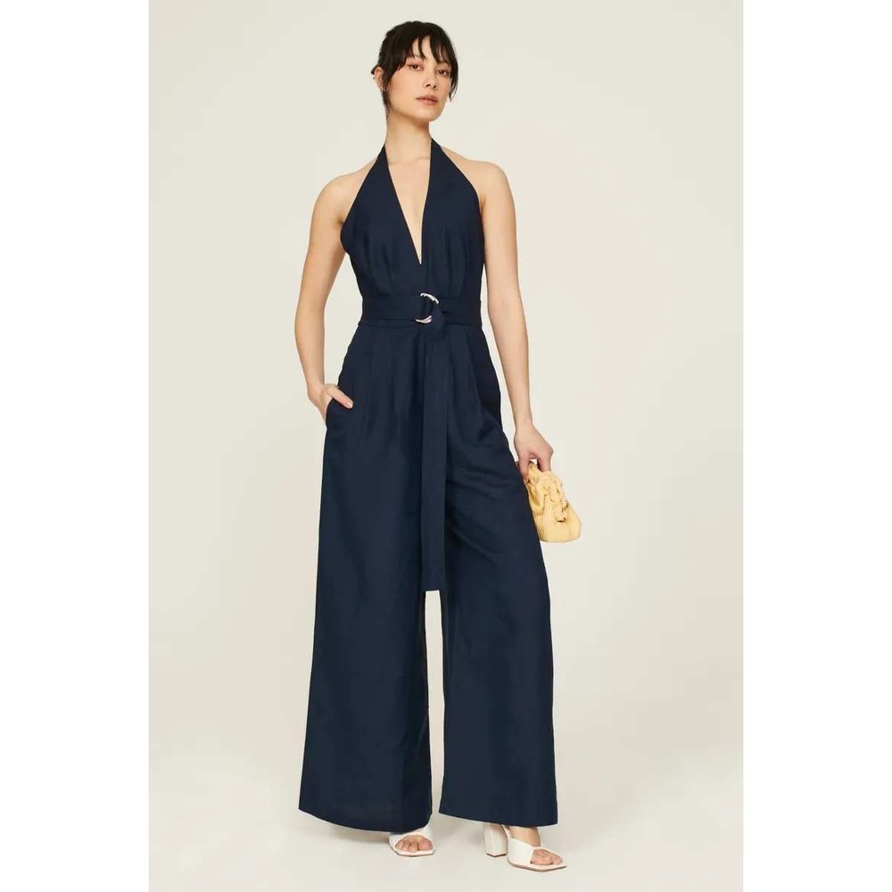 Adam Lippes Navy Halter Jumpsuit Wide Leg Belted Sleeveless Blue Linen Sz 10